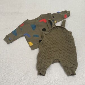 Hanna Andersson Olive Quilted Overalls with Colorful Patterned Pullover